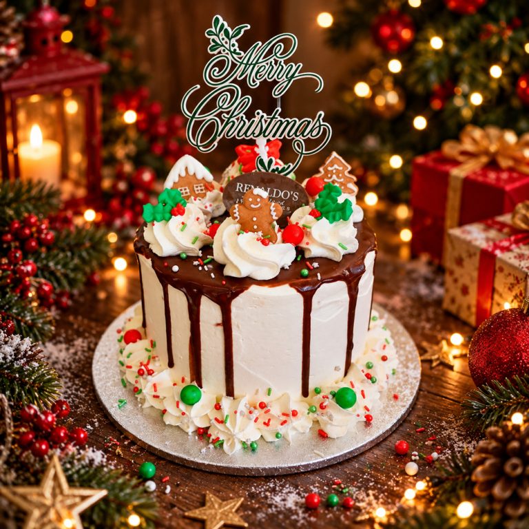 Festive-Christmas-Cake-with-Gingerbread-Decorations
